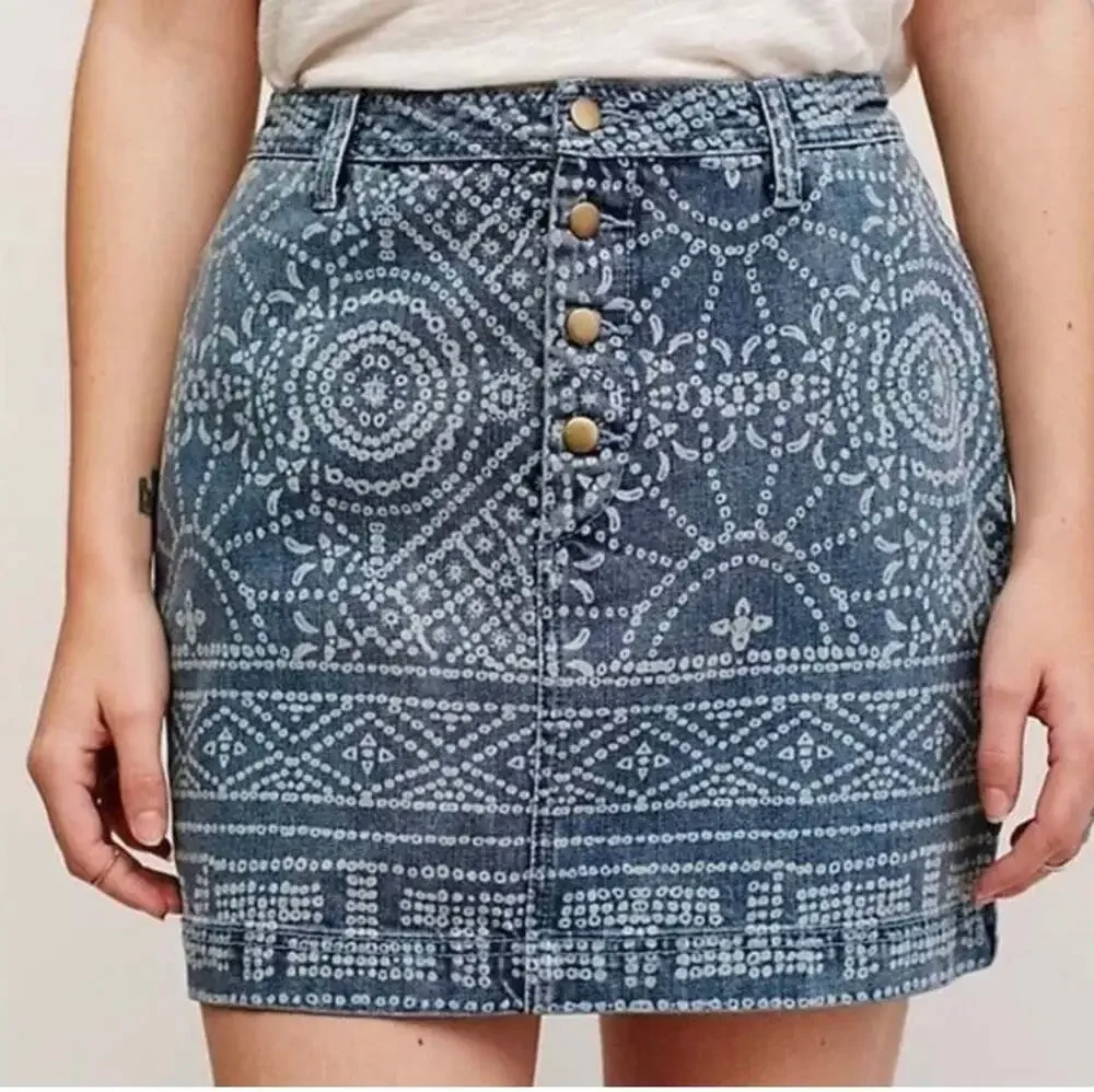 Free People School Daze Batik Print Denim Button Fly Mini Skirt